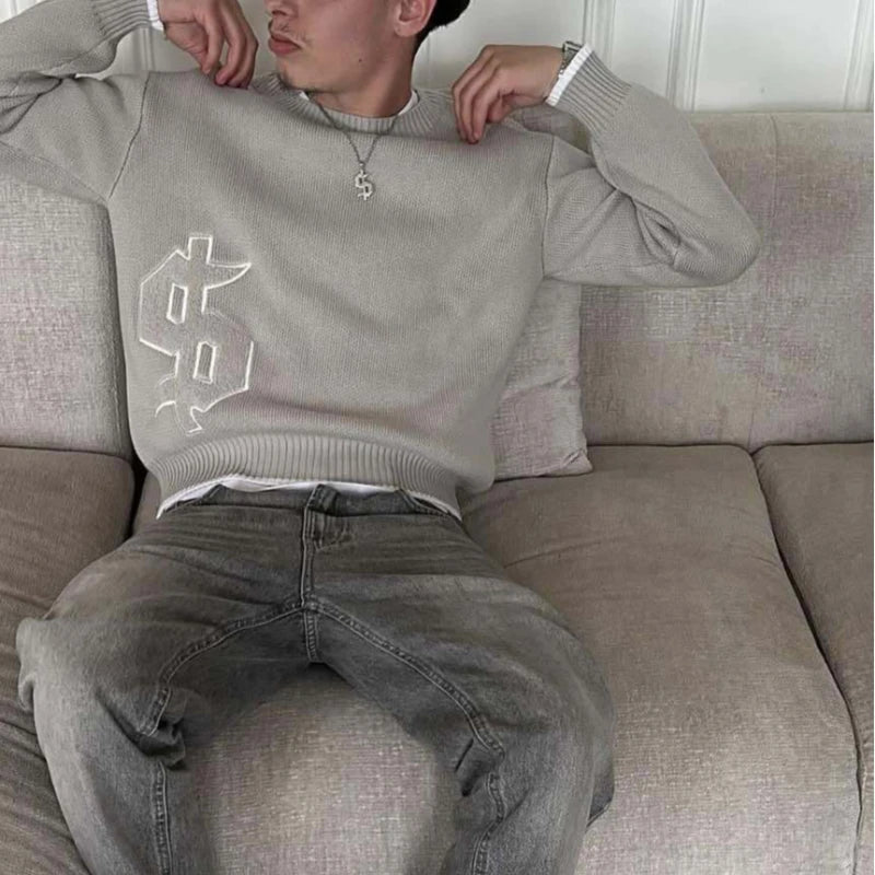 Men Gray Money Sign Sweater Y2k American Dollar Knit Pullover Vintage Classic Streetwear