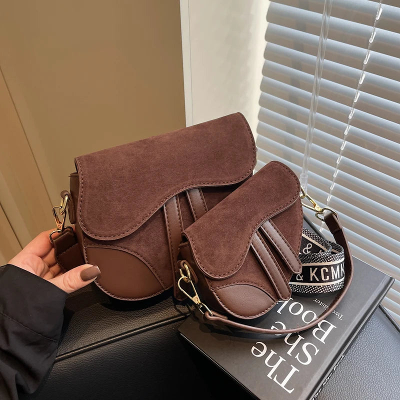 Suede Splice PU Design Saddle Hand Bag Wide Strape Versatile Women Shoulder Bag