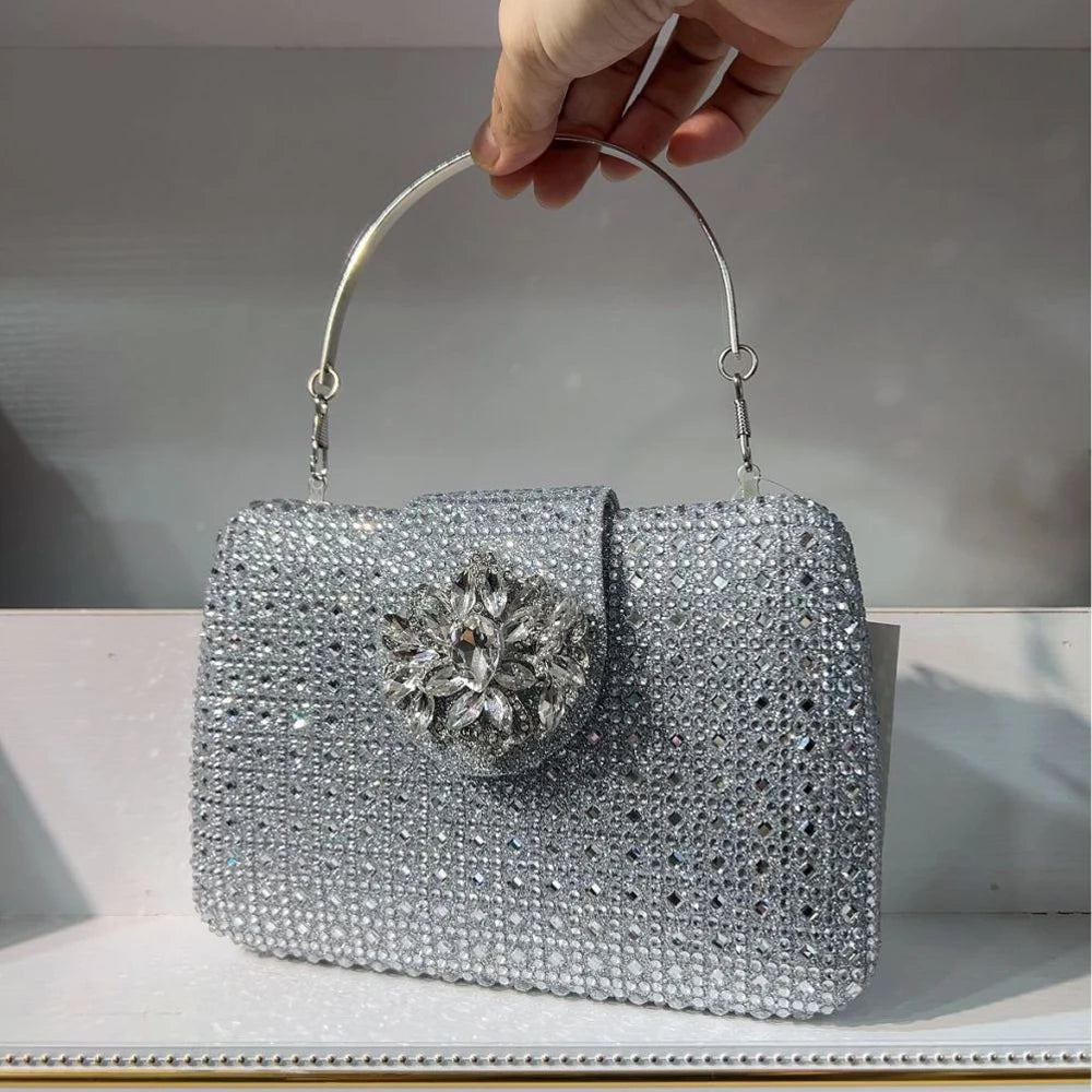 Sparkling Rhinestone Clutch Bag Lady Crystal Evening Purse Luxury Metal Handle Chain