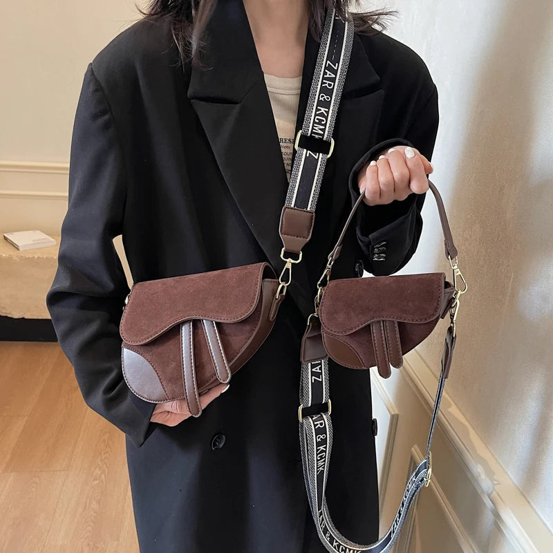 Suede Splice PU Design Saddle Hand Bag Wide Strape Versatile Women Shoulder Bag