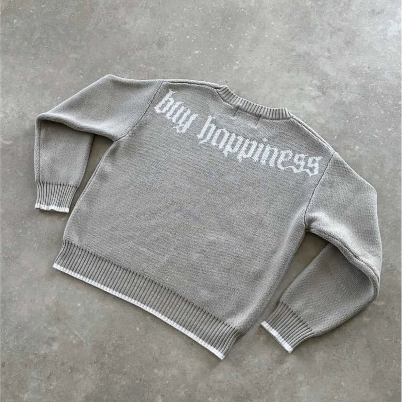 Men Gray Money Sign Sweater Y2k American Dollar Knit Pullover Vintage Classic Streetwear