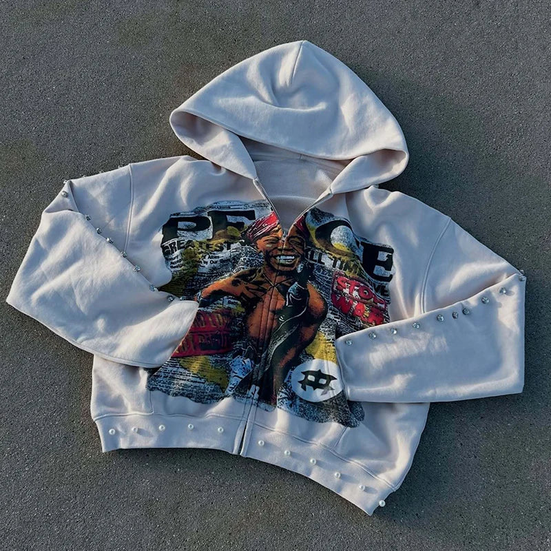 Autumn Winter Bead Decoration Hip Hop Streetwear Y2K Vintage Abstract Aesthetic Zipper Loose Hoodie