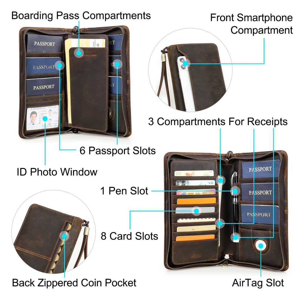 CONTACT'S Genuine Leather Family Passport Clutch Wallets Passport Cover Travel Handbags, 6 Passport Slots.