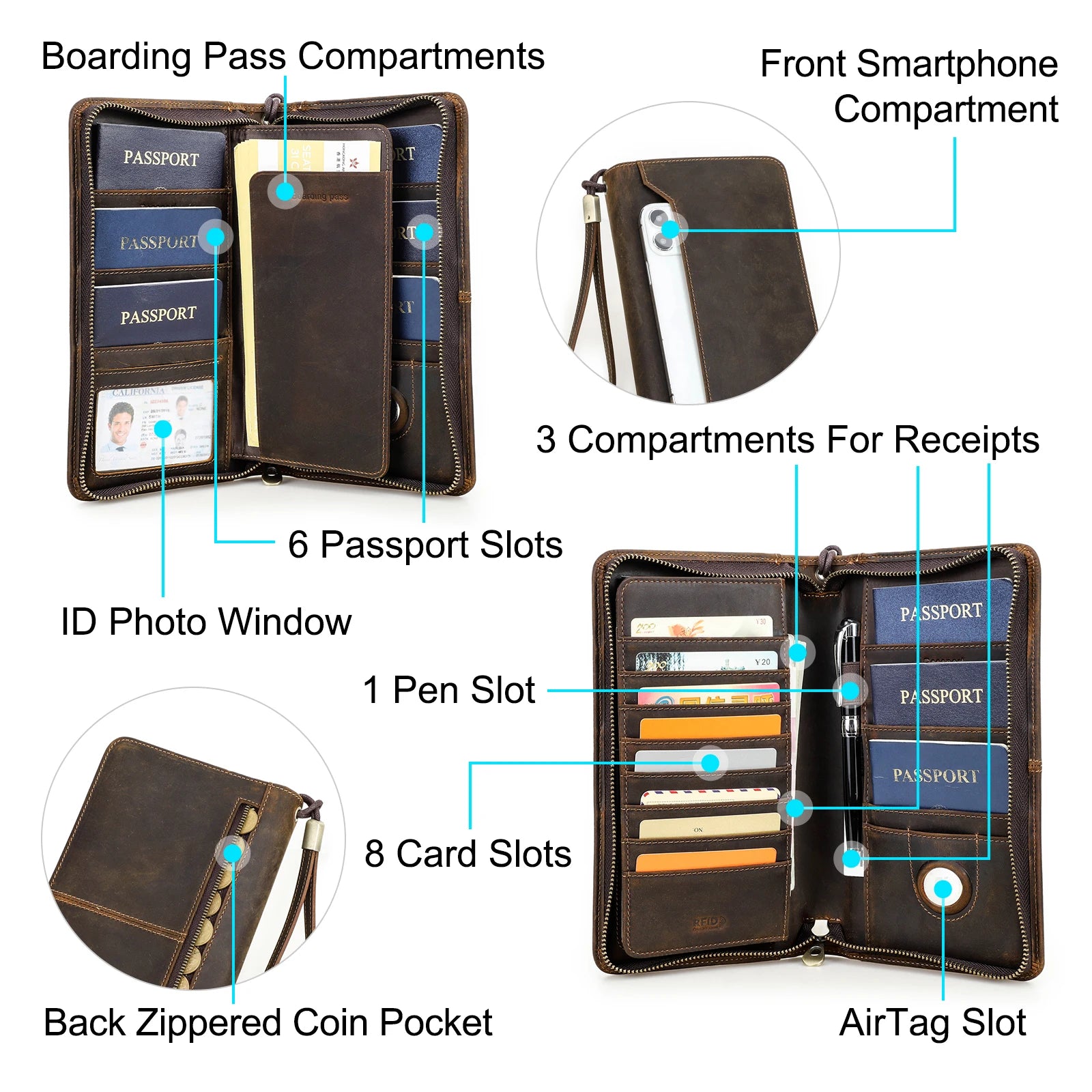 CONTACT'S Genuine Leather Family Passport Clutch Wallets Passport Cover Travel Handbags, 6 Passport Slots.