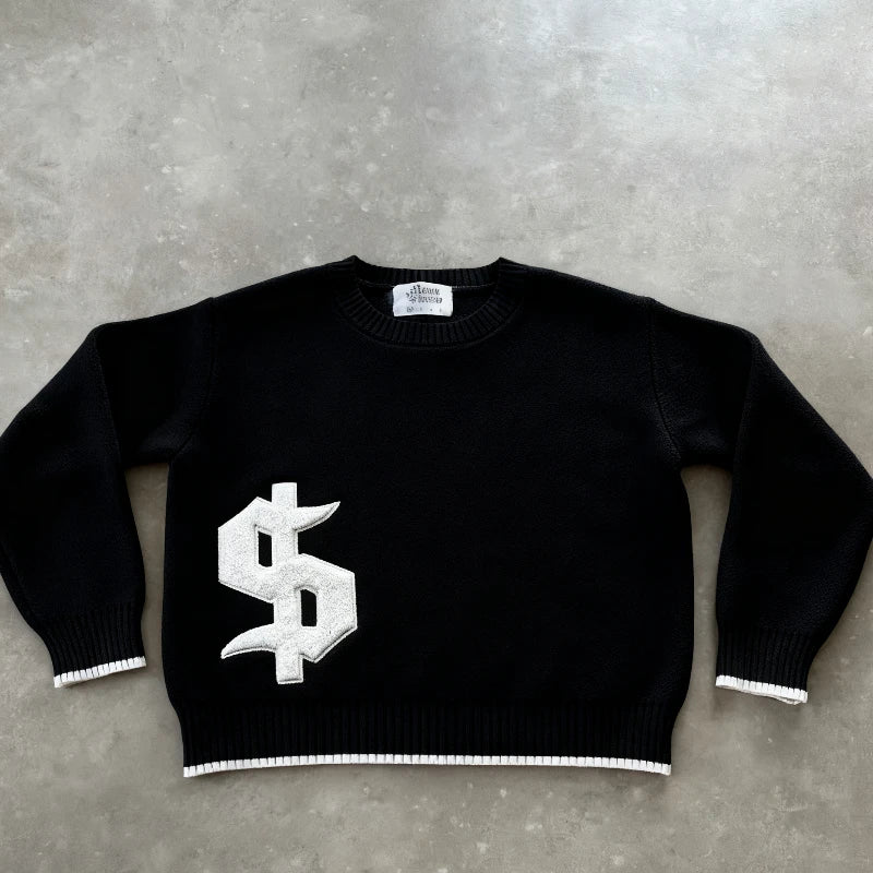 Men Gray Money Sign Sweater Y2k American Dollar Knit Pullover Vintage Classic Streetwear