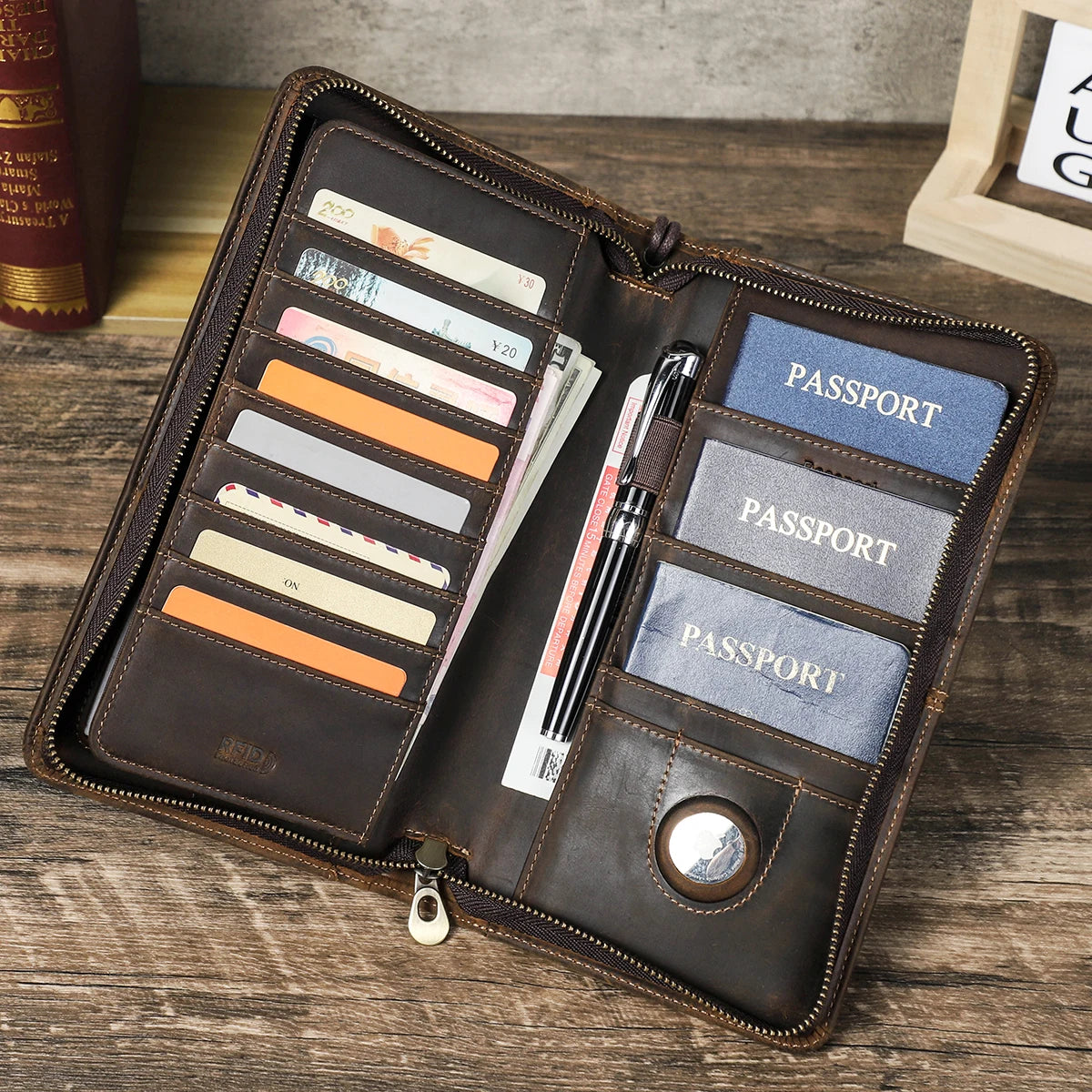 CONTACT'S Genuine Leather Family Passport Clutch Wallets Passport Cover Travel Handbags, 6 Passport Slots.