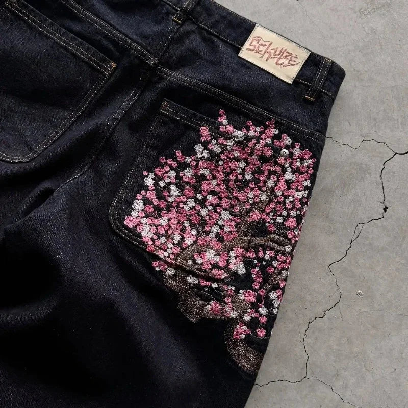 New Sakura Carp Embroidered Jeans Y2k Harajuku Retro Men and Women