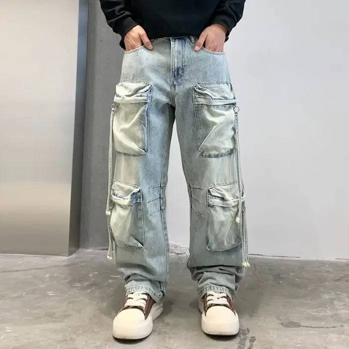 New Denim Trousers Fashion Men's Washed Light Blue Multi Pocket Casual