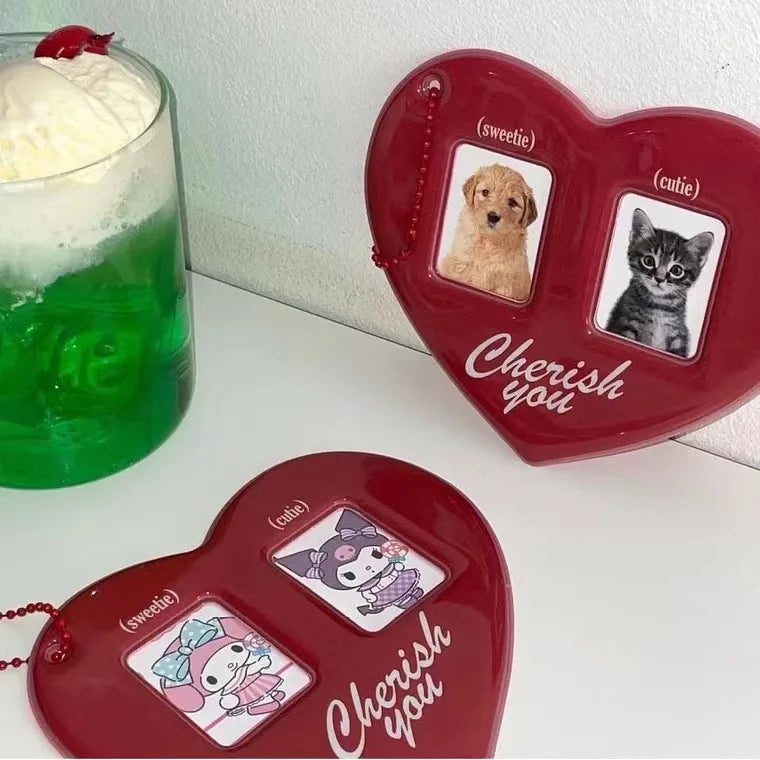 Girl's Pendant Red Heart Shaped ID Card ID Photo Idol Profile Picture Couple Card Case Pendant Keychain Hanging Chain Decoration