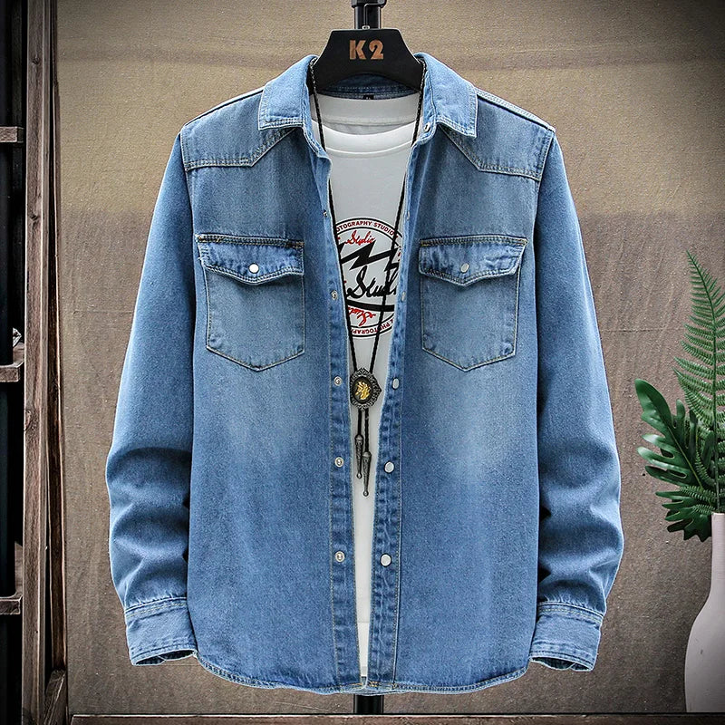 Trendy Men's Denim Jacket Spring-Autumn Fashionable Pure Cotton Breathable Casual Long-Sleeved Denim Shirt Comfortable Men's Top