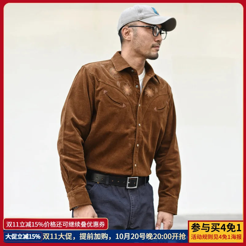 Men's Shirts Spring and Autumn Long Sleeve Corduroy Shirt Vintage Embroidery Loose Fit