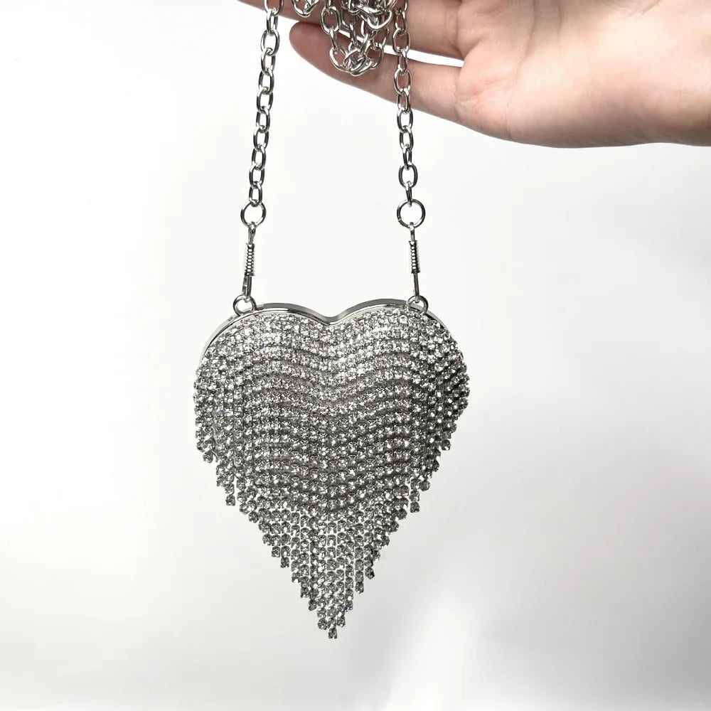 Luxury Rhinestones Ladies Evening Bag Mini Heart Shape Shoulder Bag
