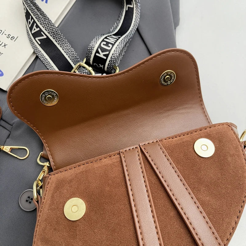 Suede Splice PU Design Saddle Hand Bag Wide Strape Versatile Women Shoulder Bag