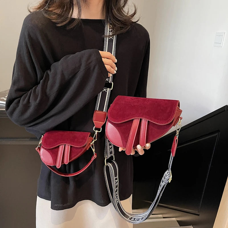 Suede Splice PU Design Saddle Hand Bag Wide Strape Versatile Women Shoulder Bag