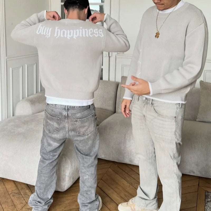 Men Gray Money Sign Sweater Y2k American Dollar Knit Pullover Vintage Classic Streetwear
