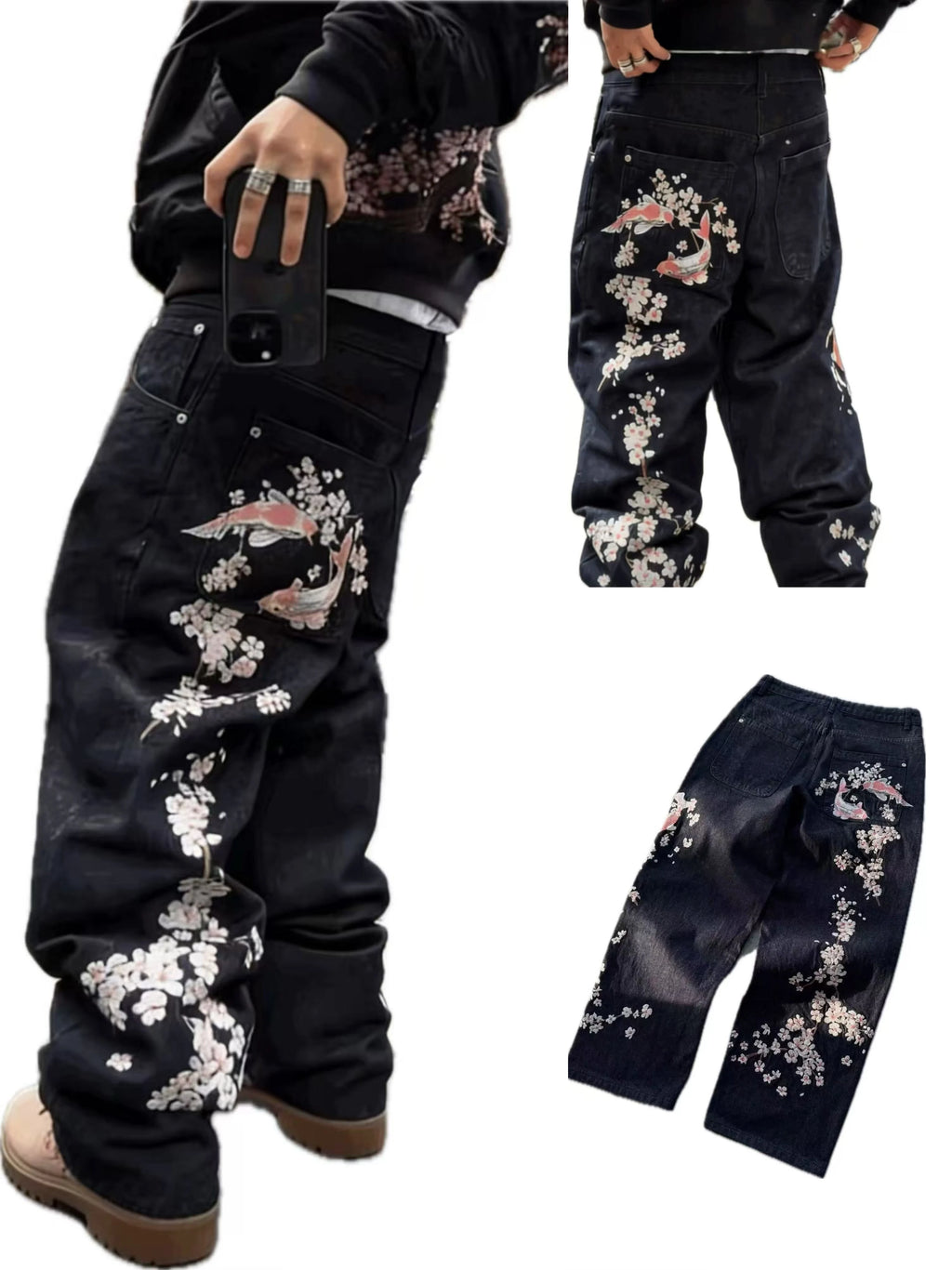 New Sakura Carp Embroidered Jeans Y2k Harajuku Retro Men and Women