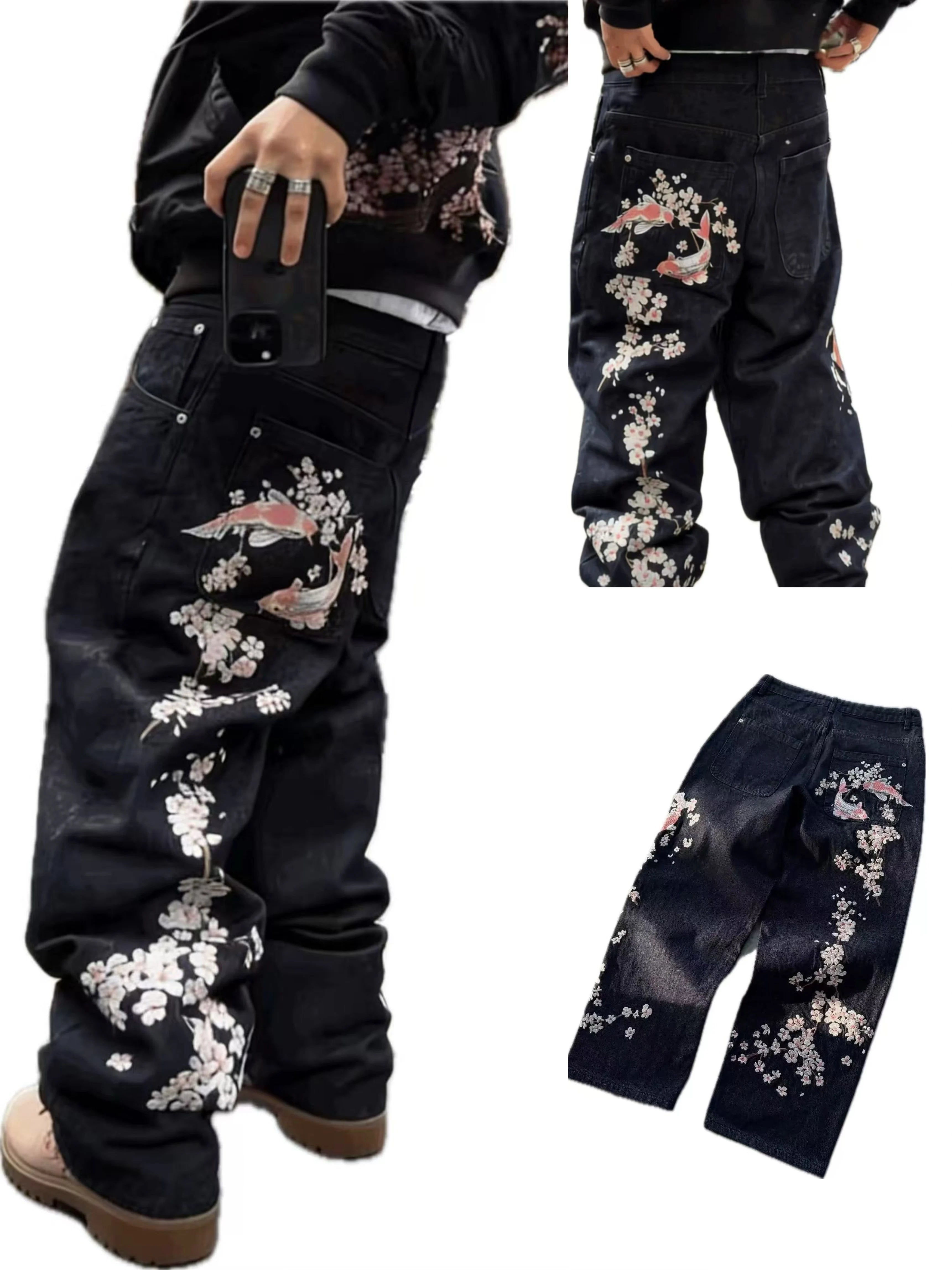 New Sakura Carp Embroidered Jeans Y2k Harajuku Retro Men and Women