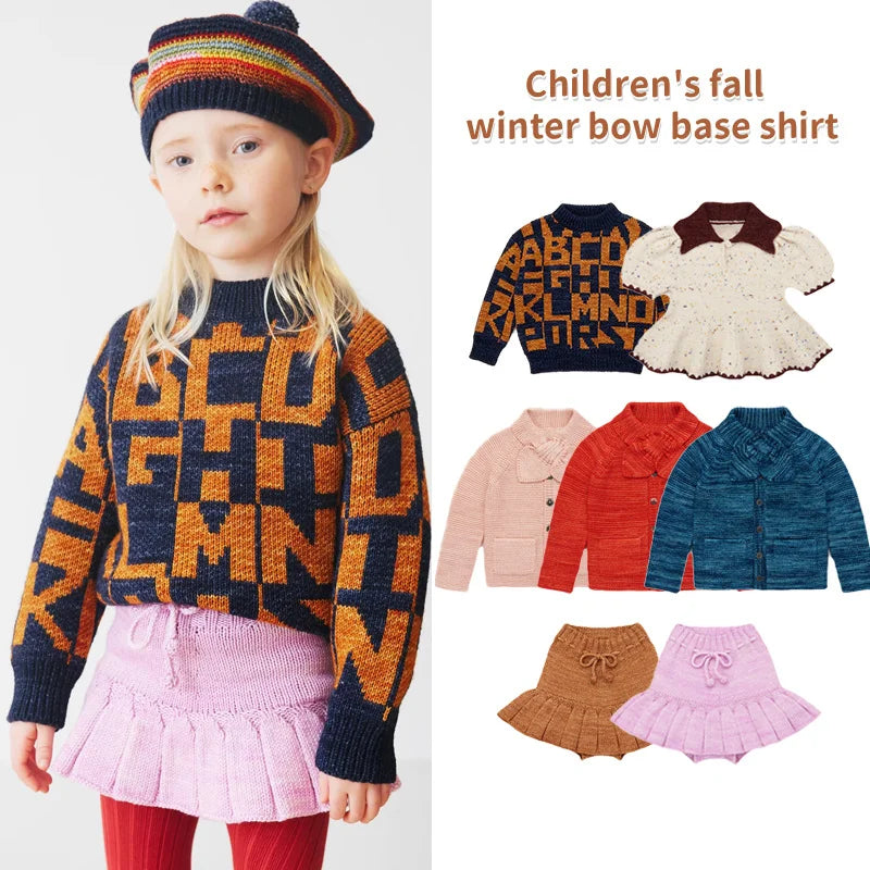 Children's sweater 2025 MP Autumn/Winter retro pastoral style baby girls warm pullover knitted cardigan half skirt set