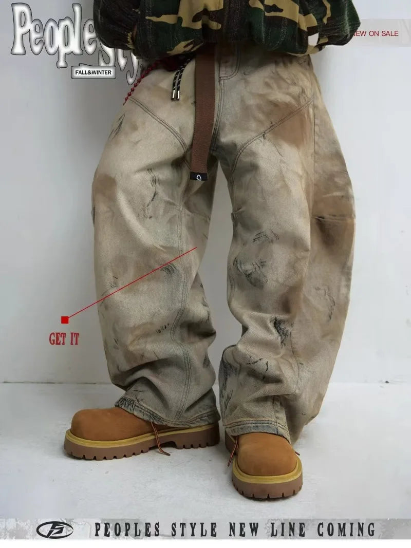American wash do old design heavy punk hip Hop men jeans 2026 new fashion retro personality high waist jeans couple loose pants