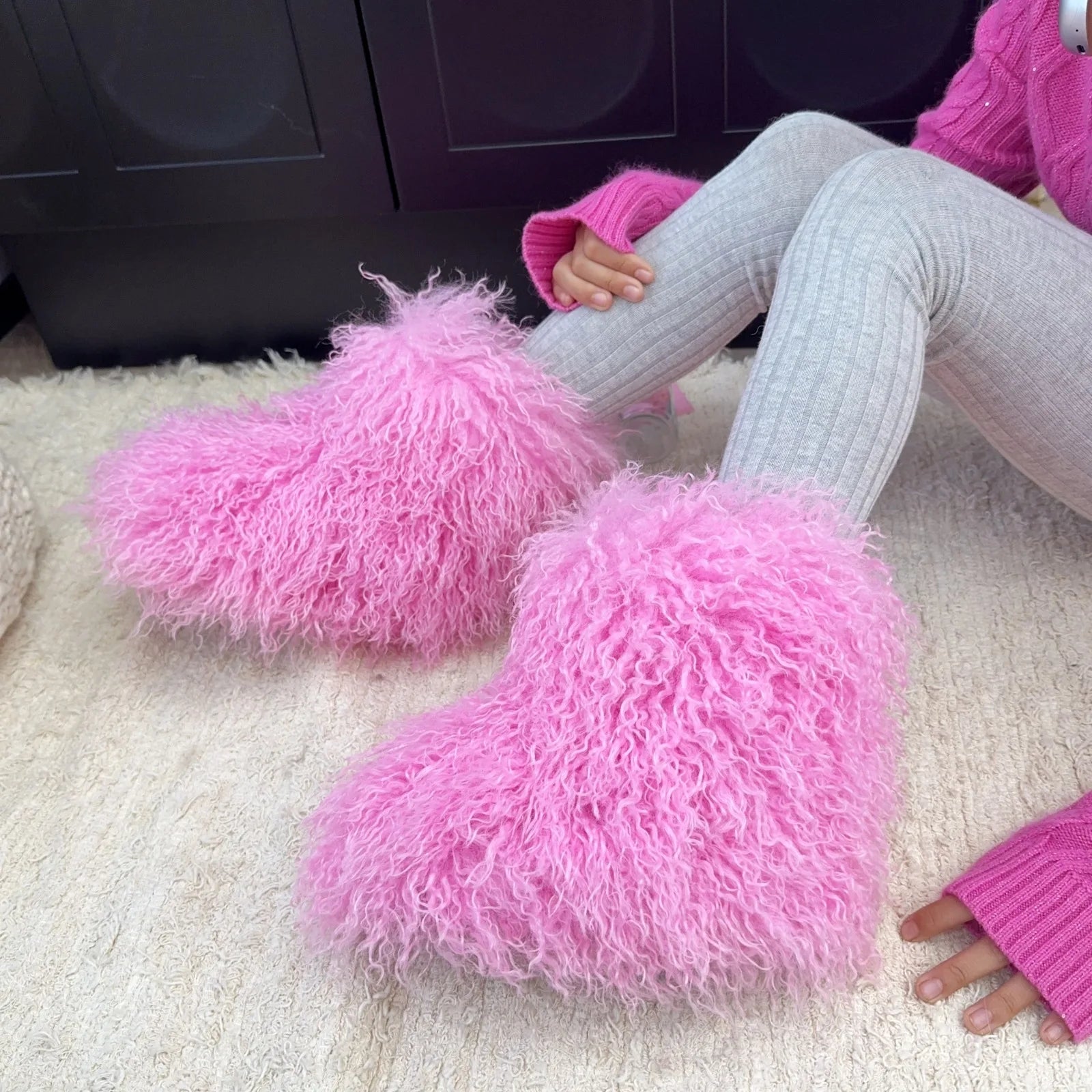 Hot Kids Warm Fur Boots Kids Winter Plush Faux Fur Snow Boots Ladies