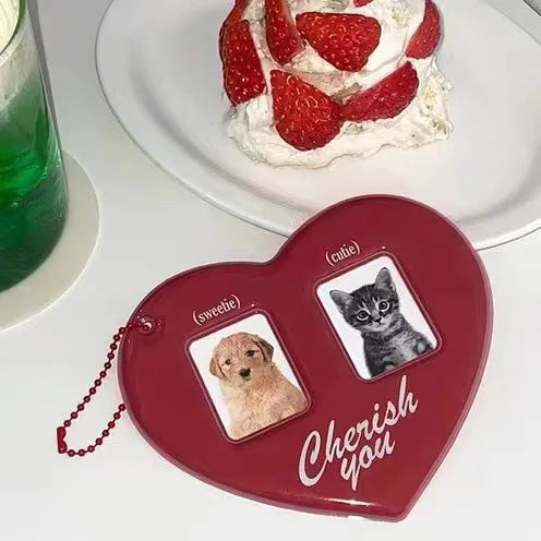 Girl's Pendant Red Heart Shaped ID Card ID Photo Idol Profile Picture Couple Card Case Pendant Keychain Hanging Chain Decoration