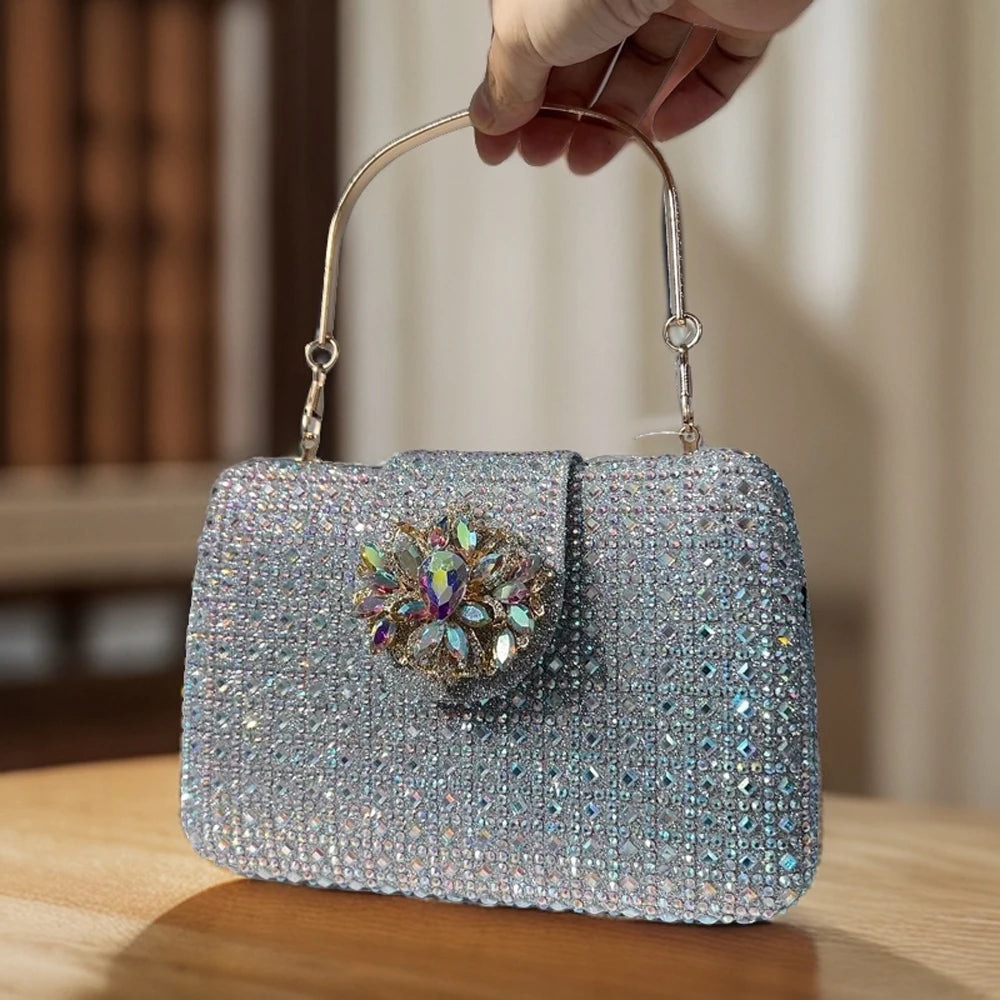 Sparkling Rhinestone Clutch Bag Lady Crystal Evening Purse Luxury Metal Handle Chain