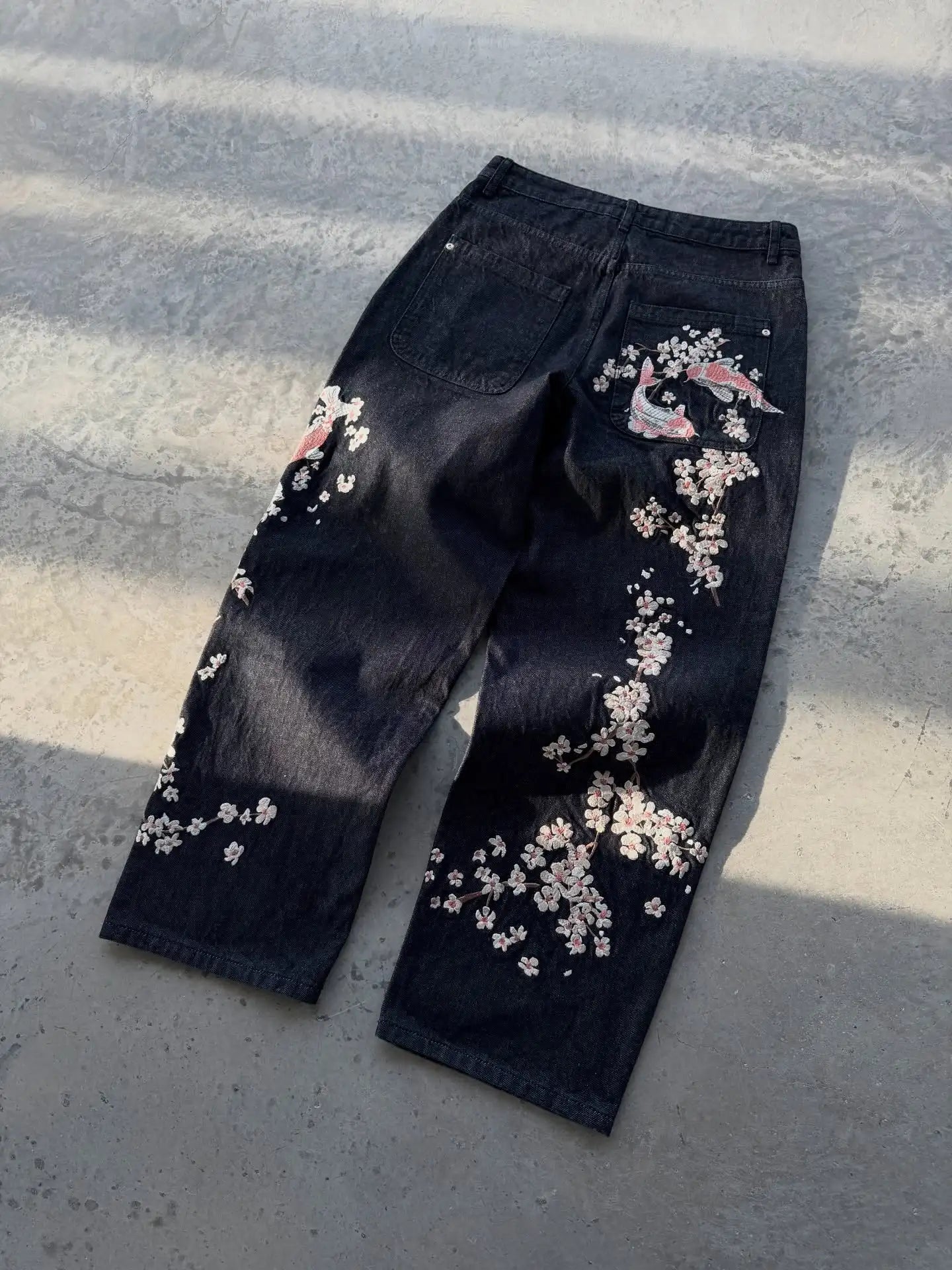 New Sakura Carp Embroidered Jeans Y2k Harajuku Retro Men and Women