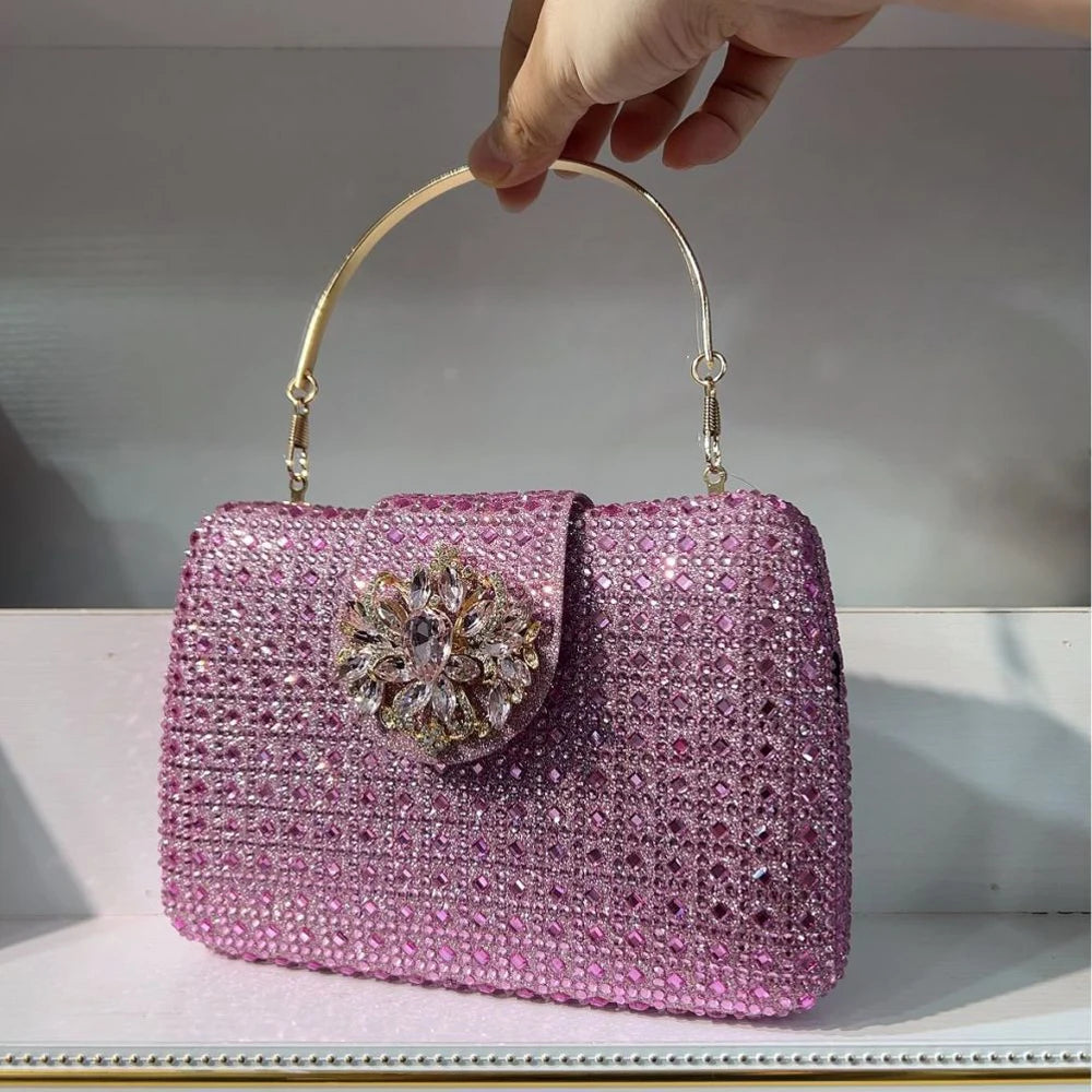 Sparkling Rhinestone Clutch Bag Lady Crystal Evening Purse Luxury Metal Handle Chain