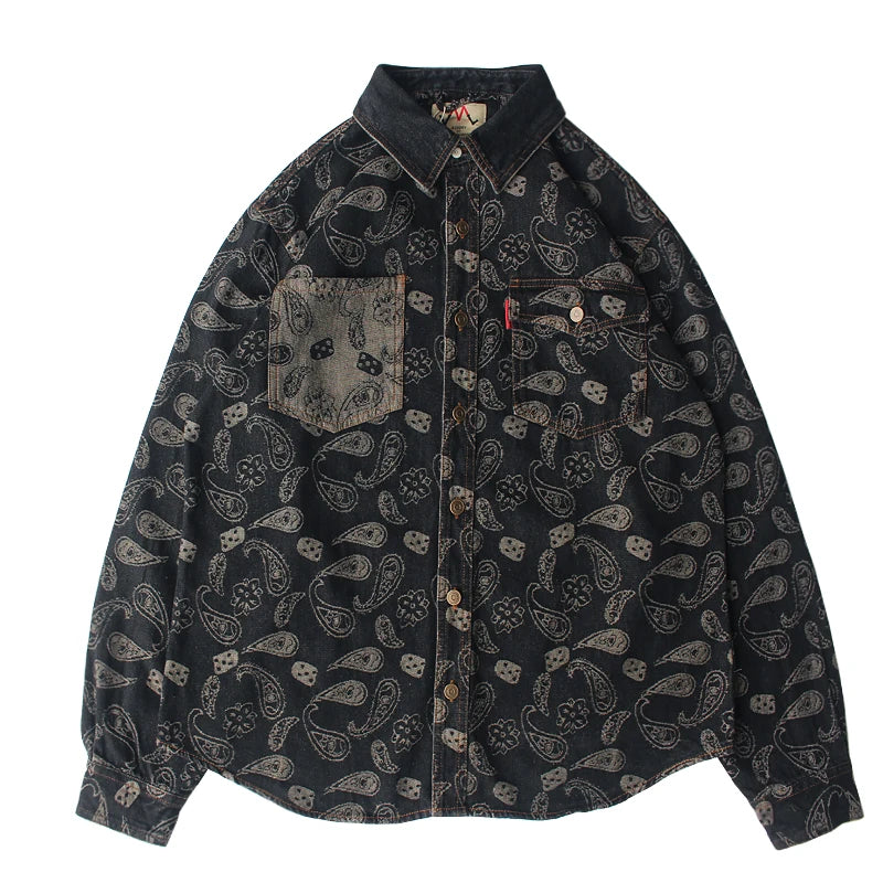 New American Retro Long-Sleeve Lapel Embroidery and splicing Denim Shirt Men's