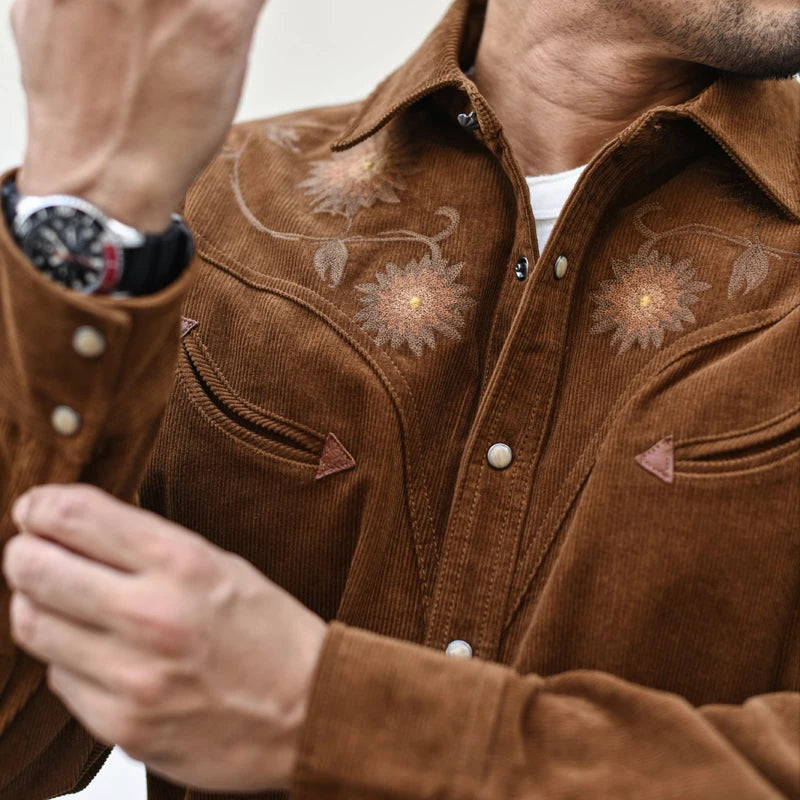 Men's Shirts Spring and Autumn Long Sleeve Corduroy Shirt Vintage Embroidery Loose Fit