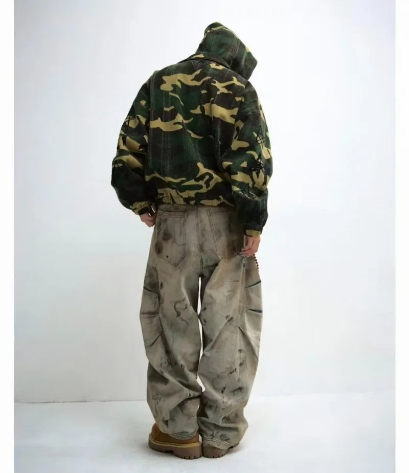 American wash do old design heavy punk hip Hop men jeans 2026 new fashion retro personality high waist jeans couple loose pants