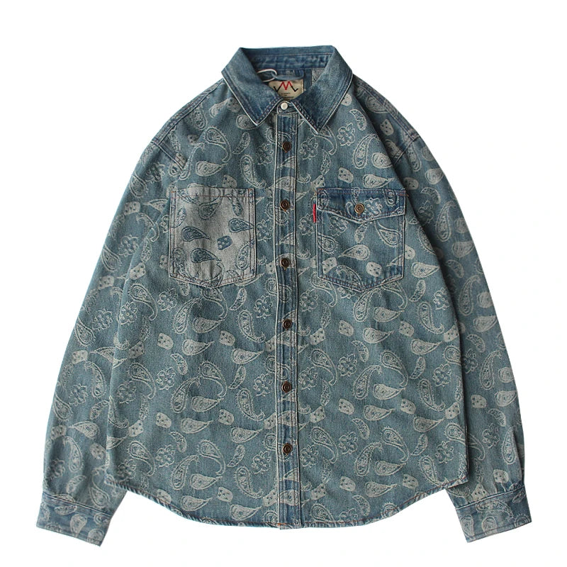New American Retro Long-Sleeve Lapel Embroidery and splicing Denim Shirt Men's