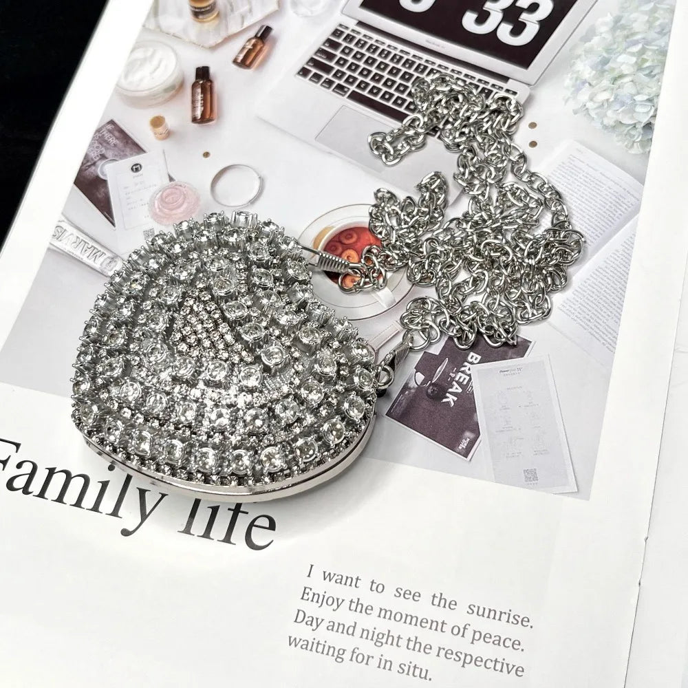 Luxury Rhinestones Ladies Evening Bag Mini Heart Shape Shoulder Bag