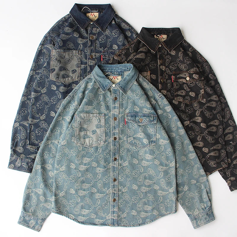 New American Retro Long-Sleeve Lapel Embroidery and splicing Denim Shirt Men's