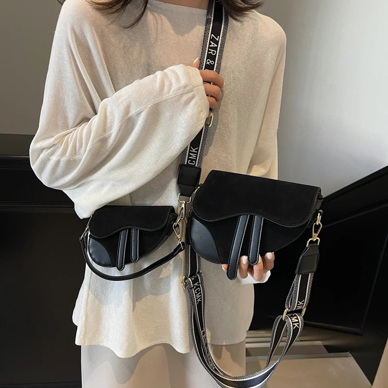 Suede Splice PU Design Saddle Hand Bag Wide Strape Versatile Women Shoulder Bag