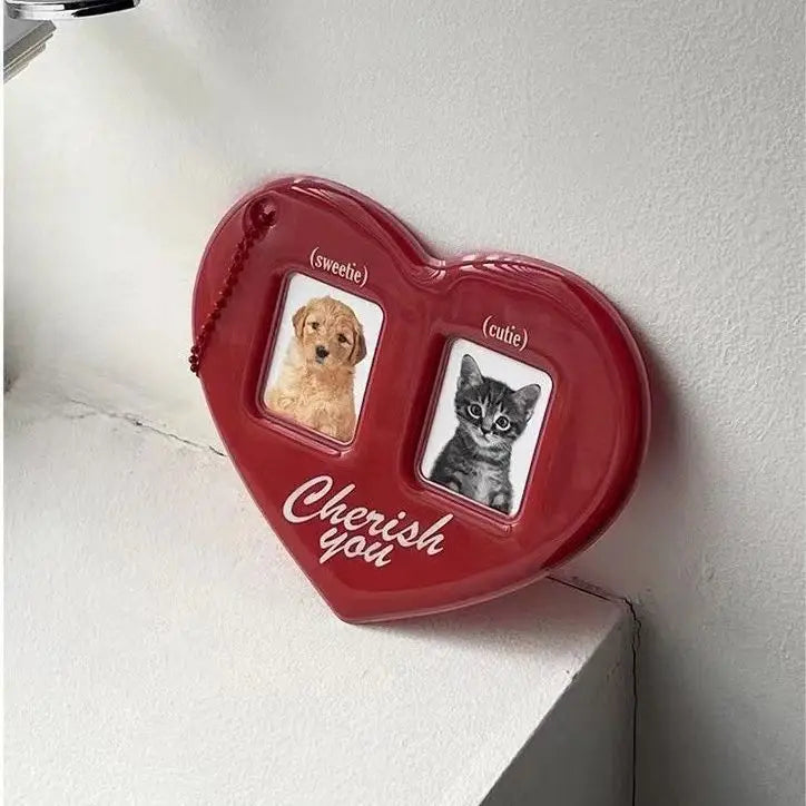 Girl's Pendant Red Heart Shaped ID Card ID Photo Idol Profile Picture Couple Card Case Pendant Keychain Hanging Chain Decoration