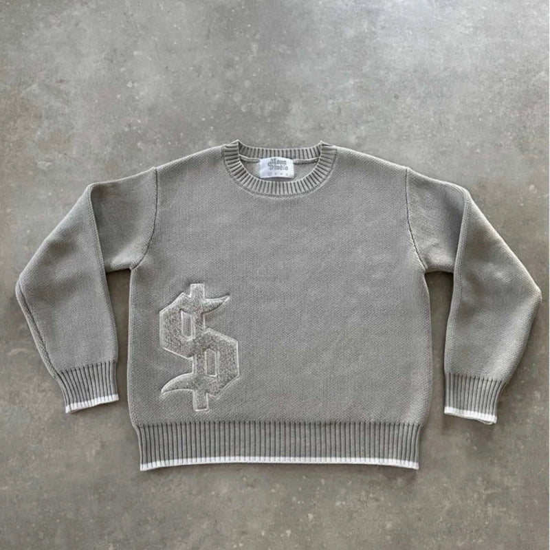 Men Gray Money Sign Sweater Y2k American Dollar Knit Pullover Vintage Classic Streetwear