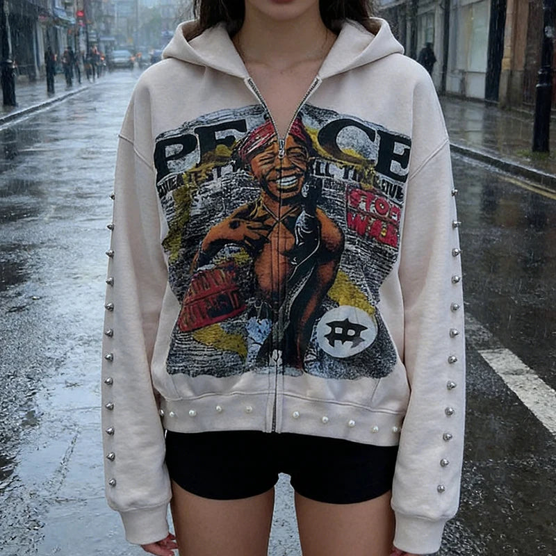 Autumn Winter Bead Decoration Hip Hop Streetwear Y2K Vintage Abstract Aesthetic Zipper Loose Hoodie