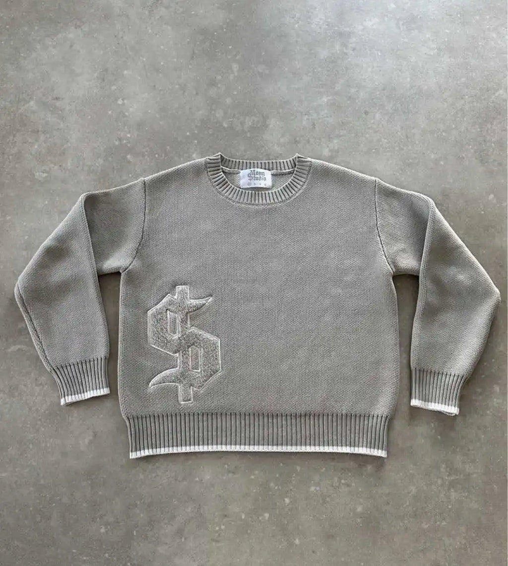 Men Gray Money Sign Sweater Y2k American Dollar Knit Pullover Vintage Classic Streetwear