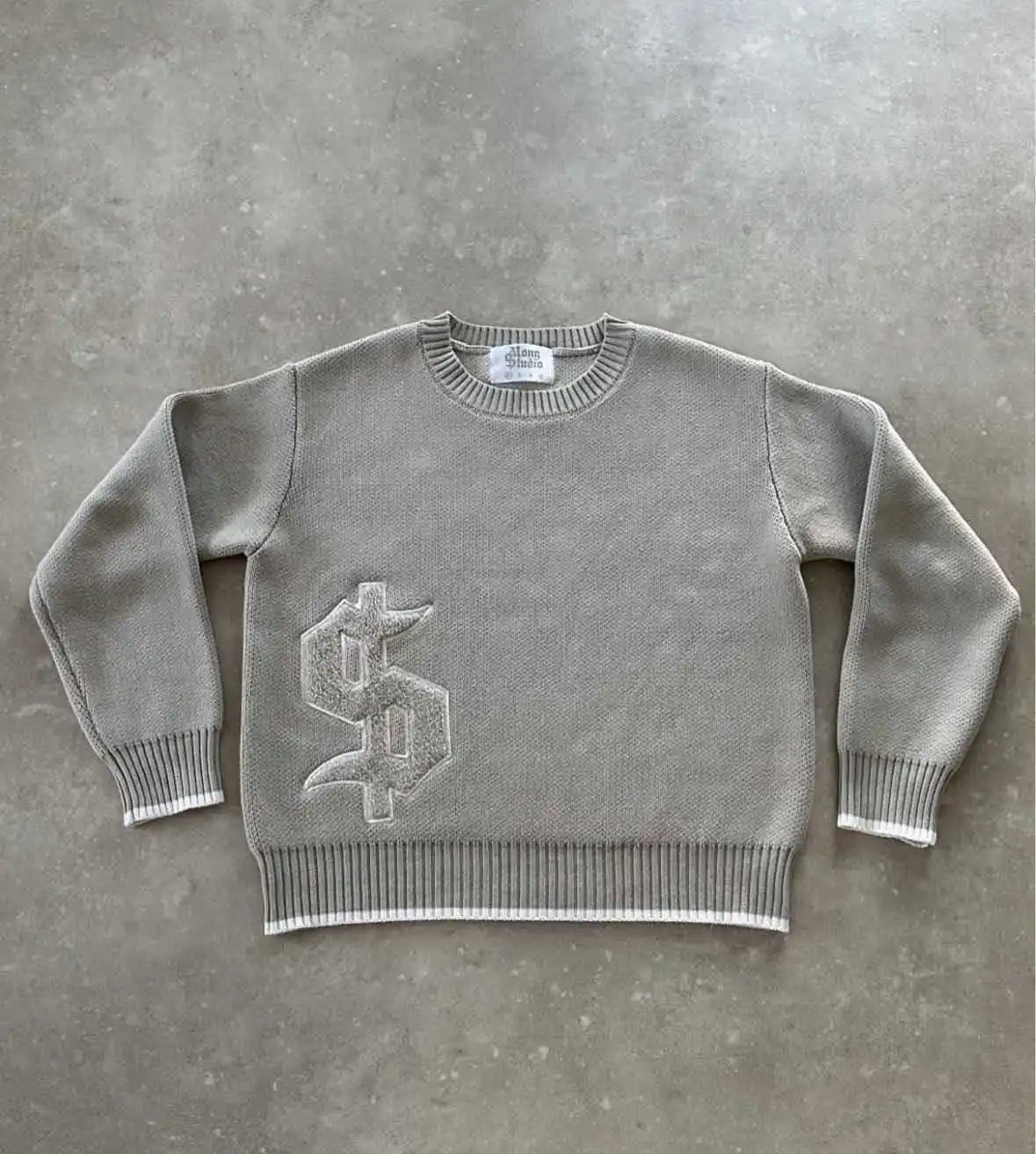 Men Gray Money Sign Sweater Y2k American Dollar Knit Pullover Vintage Classic Streetwear