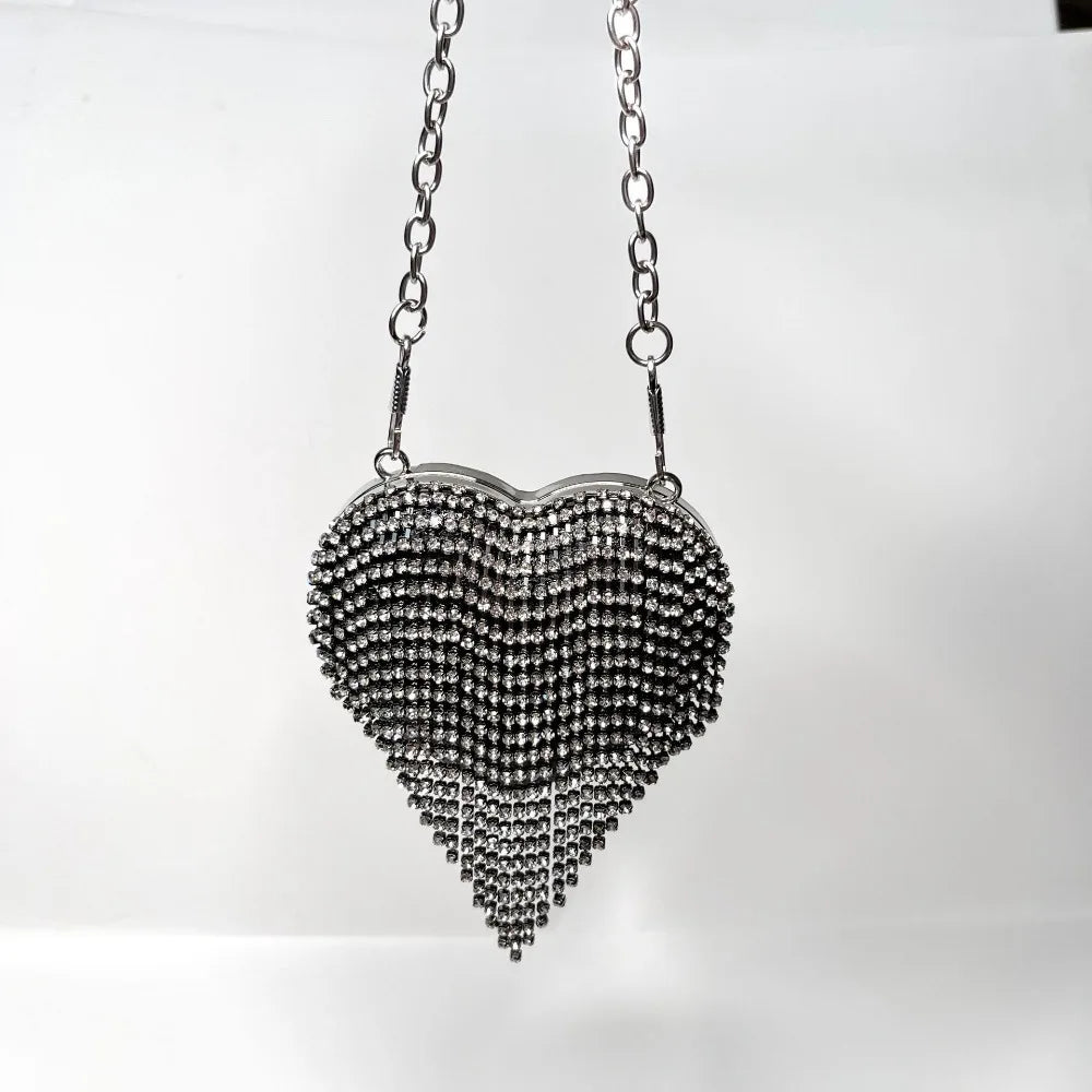 Luxury Rhinestones Ladies Evening Bag Mini Heart Shape Shoulder Bag