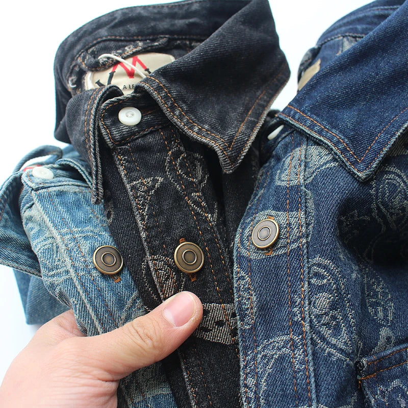 New American Retro Long-Sleeve Lapel Embroidery and splicing Denim Shirt Men's