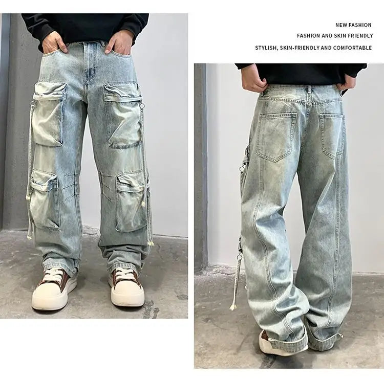 New Denim Trousers Fashion Men's Washed Light Blue Multi Pocket Casual
