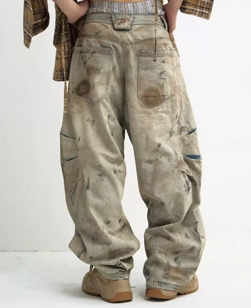 American wash do old design heavy punk hip Hop men jeans 2026 new fashion retro personality high waist jeans couple loose pants