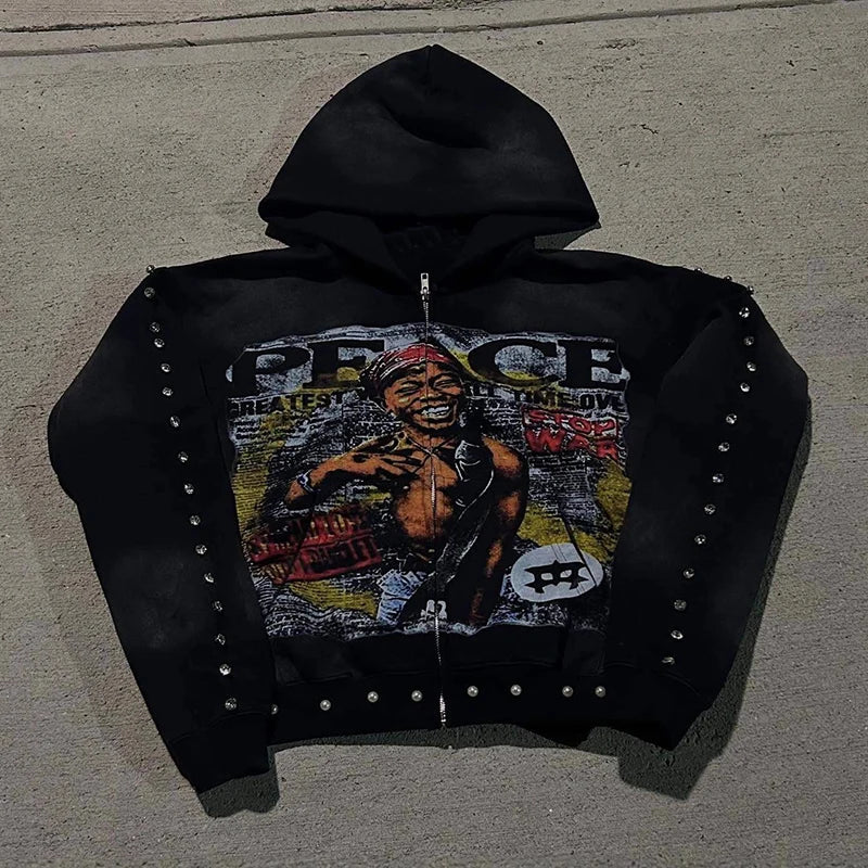 Autumn Winter Bead Decoration Hip Hop Streetwear Y2K Vintage Abstract Aesthetic Zipper Loose Hoodie