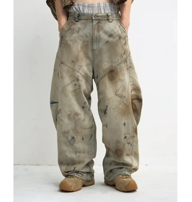 American wash do old design heavy punk hip Hop men jeans 2026 new fashion retro personality high waist jeans couple loose pants
