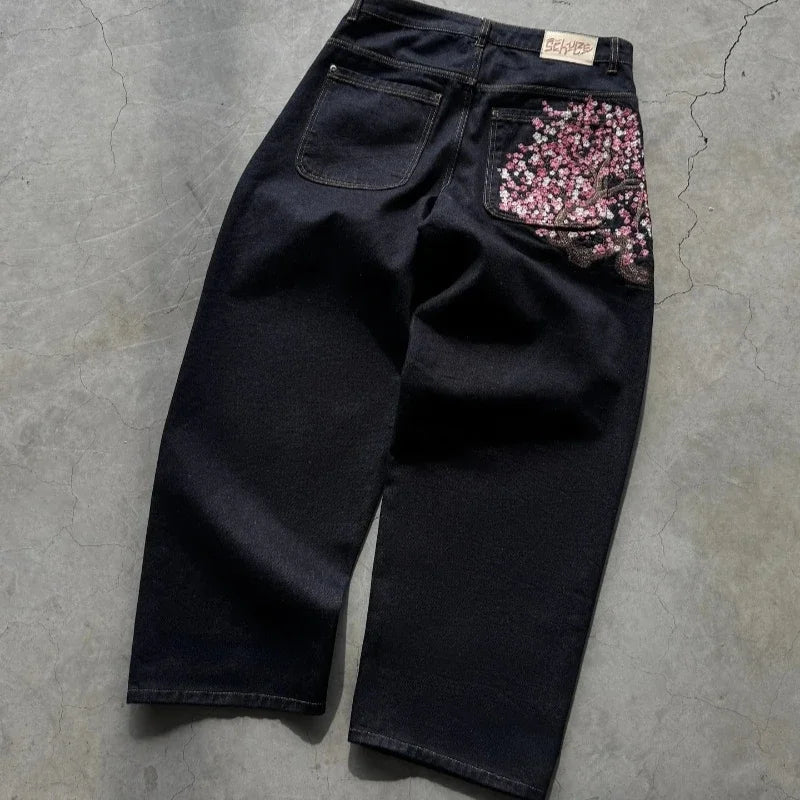 New Sakura Carp Embroidered Jeans Y2k Harajuku Retro Men and Women