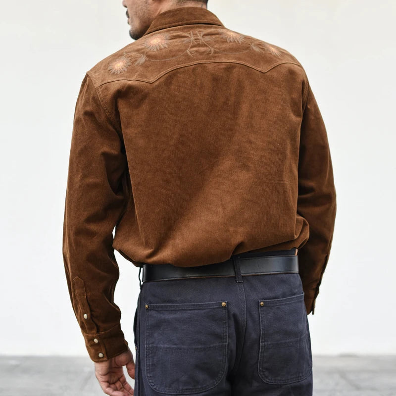 Men's Shirts Spring and Autumn Long Sleeve Corduroy Shirt Vintage Embroidery Loose Fit