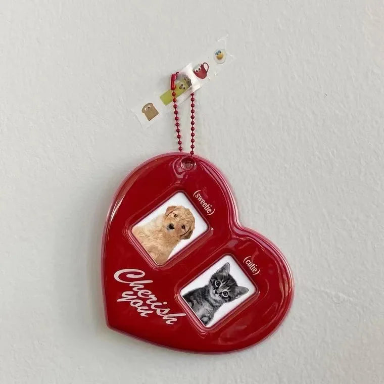 Girl's Pendant Red Heart Shaped ID Card ID Photo Idol Profile Picture Couple Card Case Pendant Keychain Hanging Chain Decoration