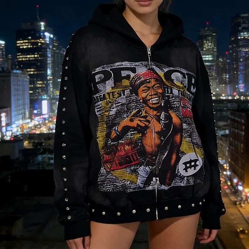 Aesthetic Bead Decoration Hip Hop Harajuku Streetwear Y2K Vintage Autumn Winter Abstract Personalized Print Zipper Loose Hoodie